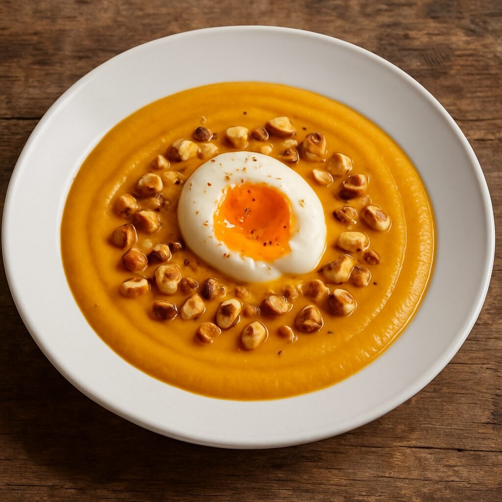 découvrez la délicieuse recette automnale de cyril lignac : un velouté de potimarron onctueux, accompagné d’un œuf crémeux et de noisettes croquantes pour une touche gourmande et raffinée. idéal pour réchauffer vos soirées !