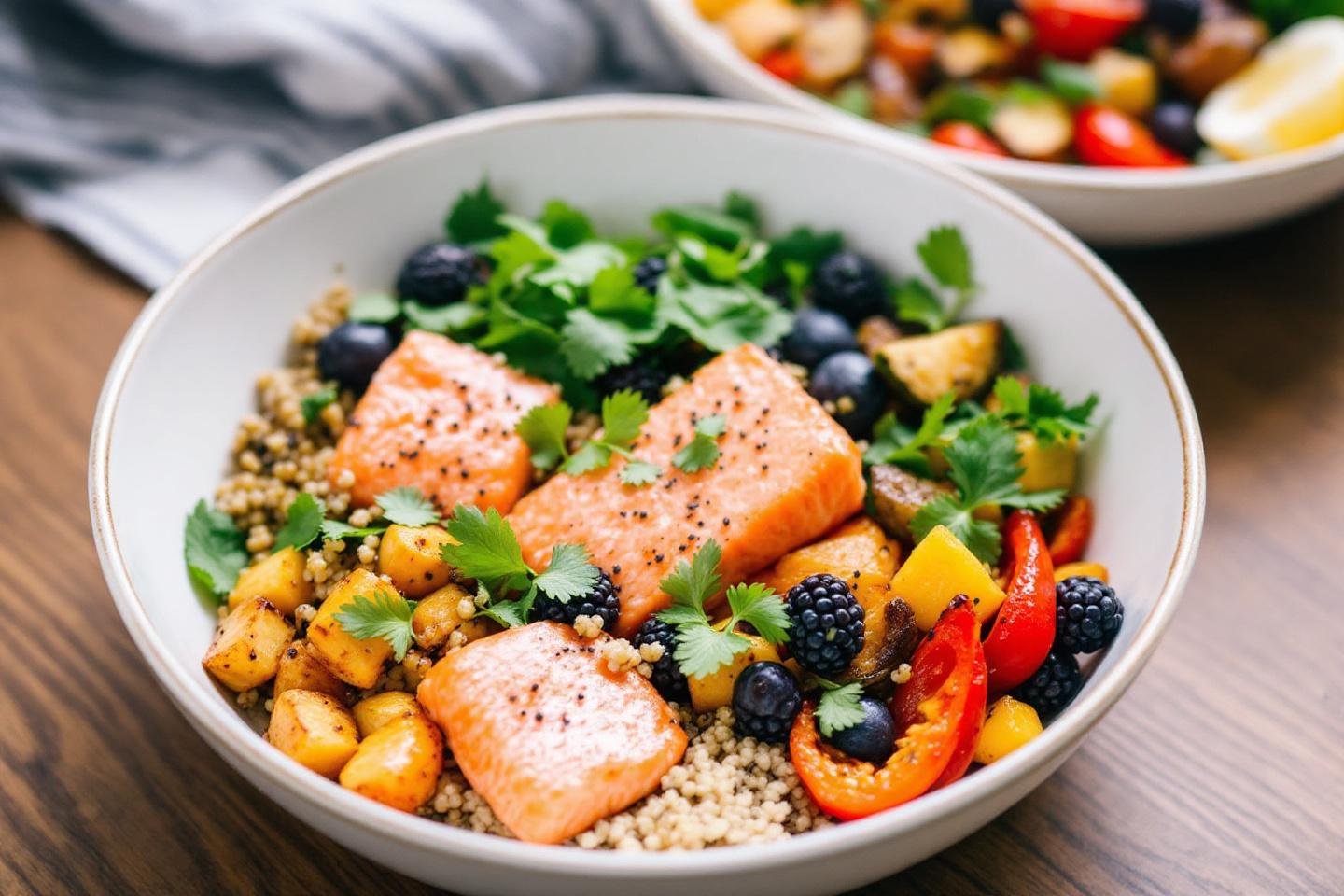 Bowl anti-inflammatoire au saumon, quinoa et légumes rôtis