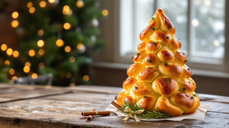 découvrez notre brioche salée en forme de sapin, délicieusement garnie de fromage fondant et d'herbes fraîches, parfaite pour vos apéritifs festifs et gourmands.