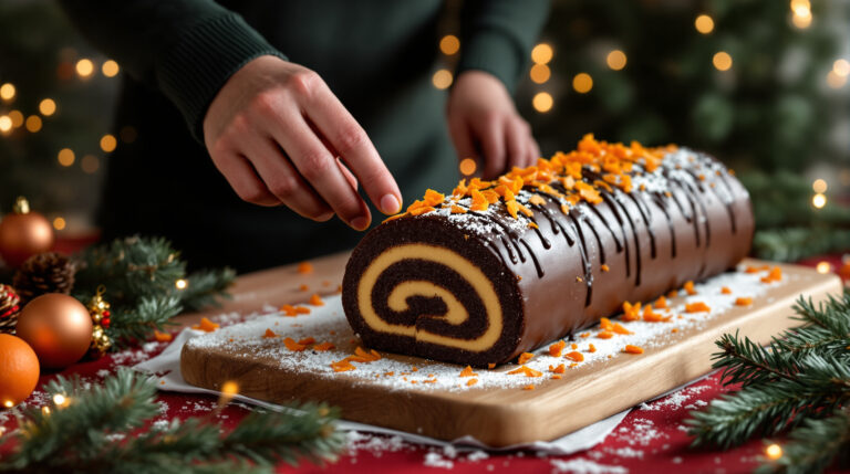 découvrez notre délicieuse bûche chocolat–orange vegan, une recette gourmande et sans produits d'origine animale, parfaite pour vos fêtes de fin d'année.