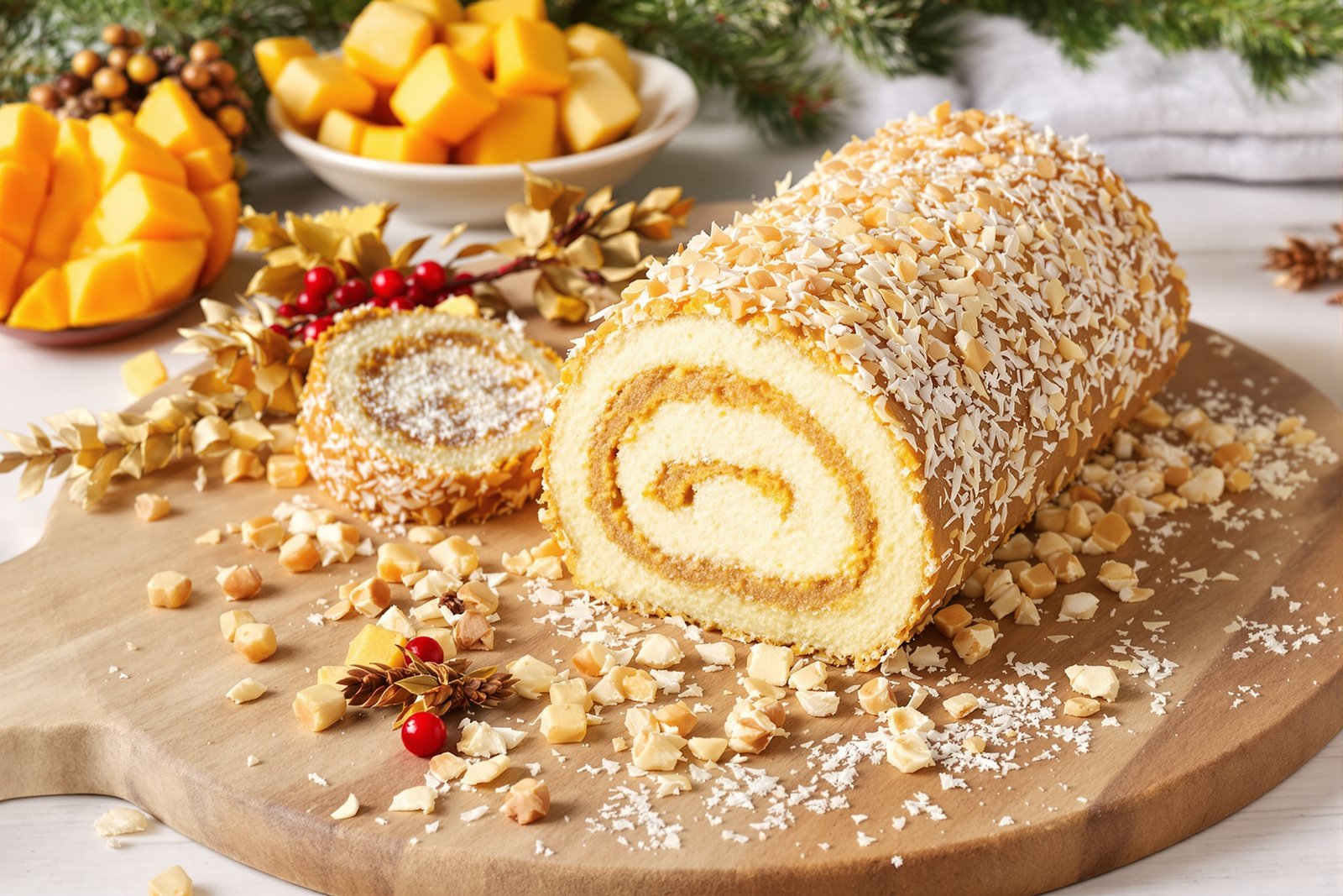 Bûche façon cheesecake coco-mangue sur biscuit sablé vegan