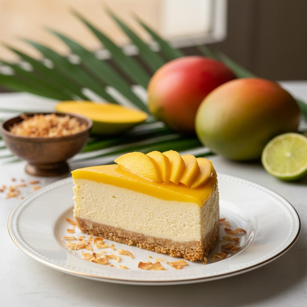 découvrez notre bûche façon cheesecake coco-mangue sur biscuit sablé vegan, une douceur exotique et gourmande, parfaite pour vos fêtes en toute légèreté.