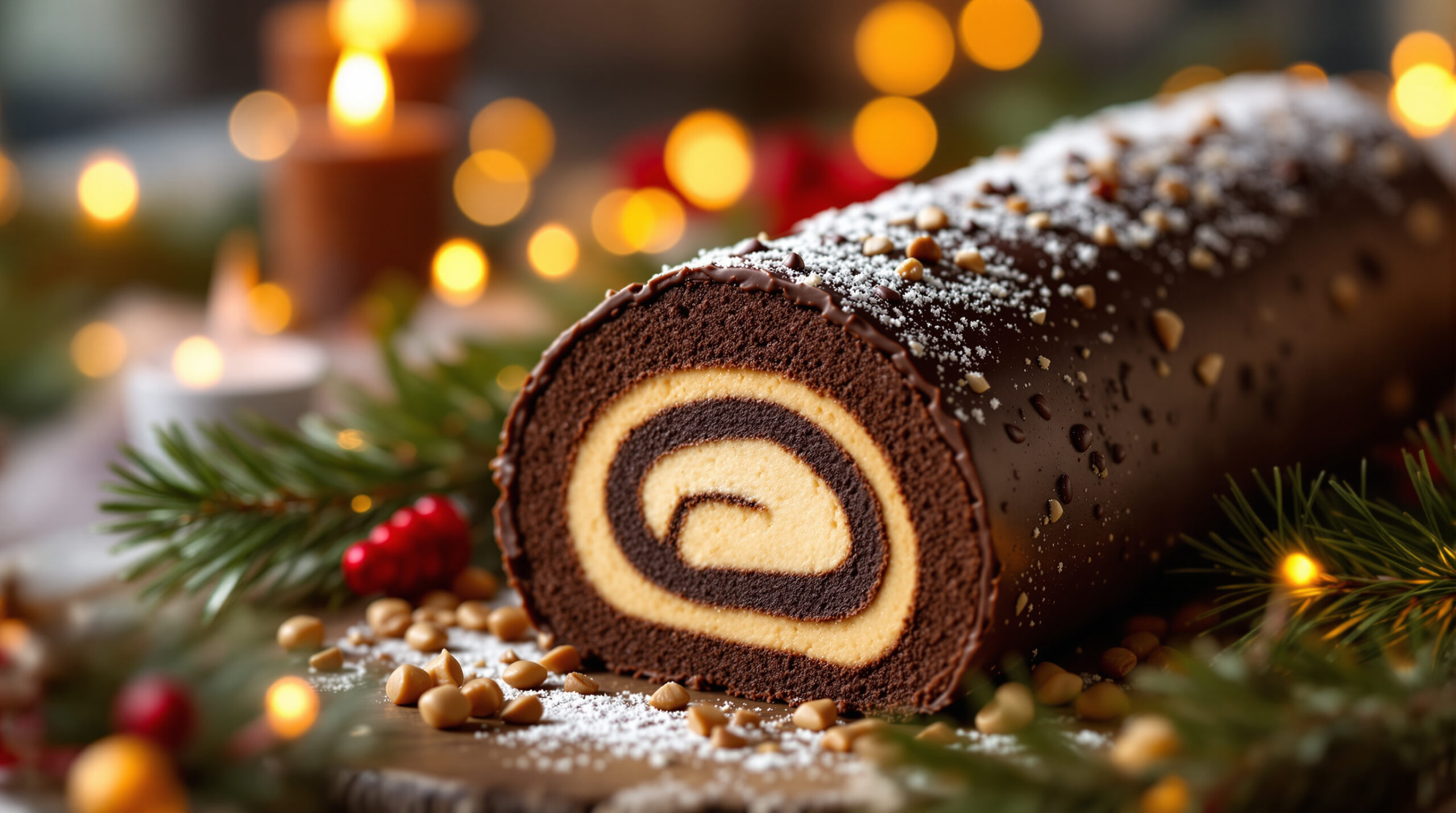 découvrez notre bûche vegan chocolat–noisettes façon truffe, une gourmandise végétalienne riche et onctueuse, parfaite pour vos fêtes.