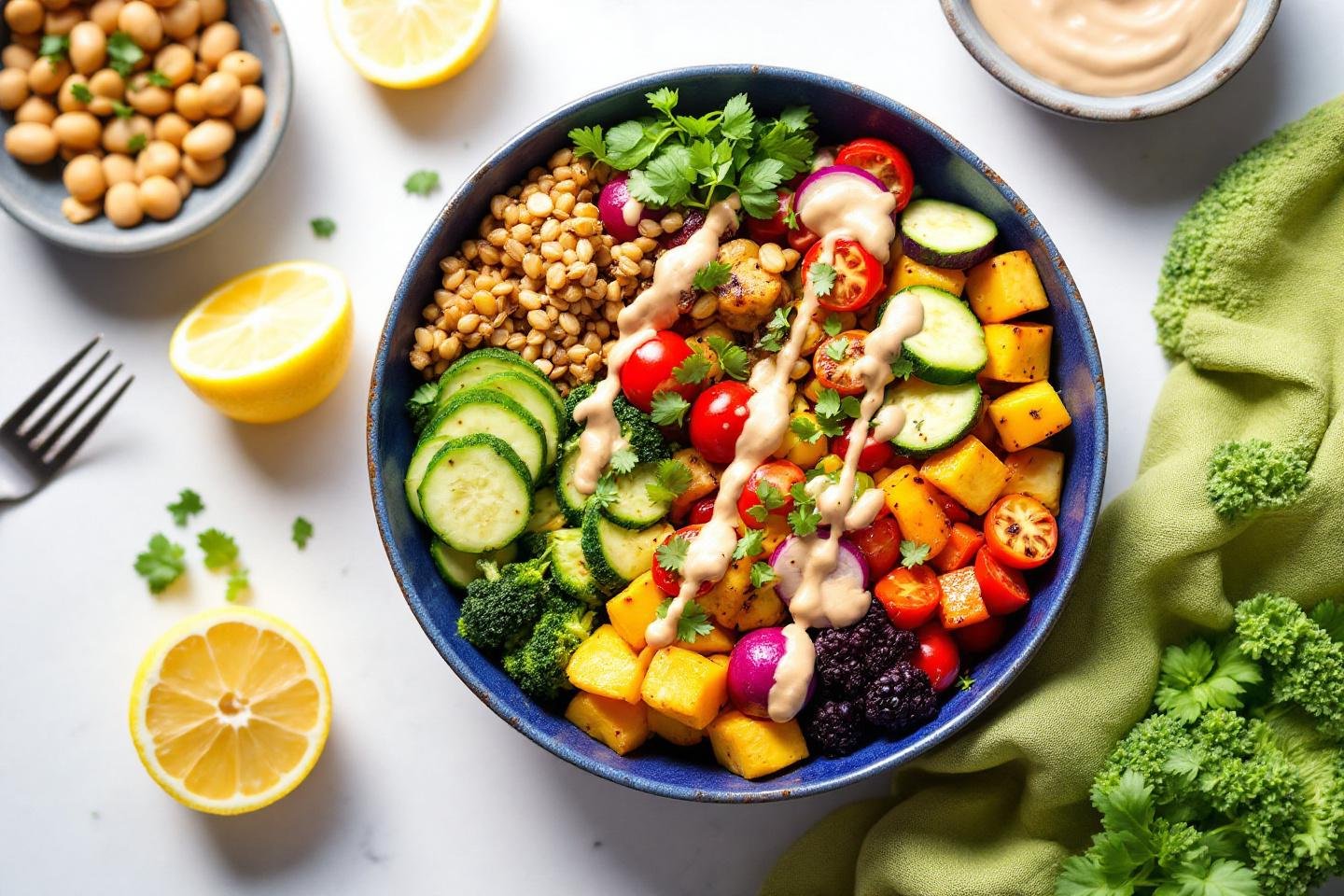 Buddha bowl anti-stress aux légumes rôtis et sauce tahini citronnée
