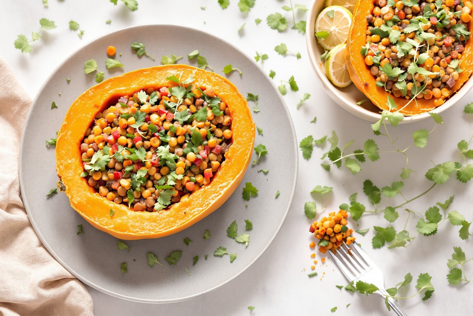 Butternut farcie aux lentilles corail