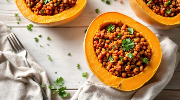 Butternut farcie aux lentilles corail
