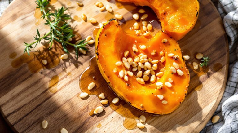 découvrez une délicieuse recette de butternut rôtie au sirop d’érable, agrémentée de pignons croquants pour un plat sucré-salé parfait en automne.