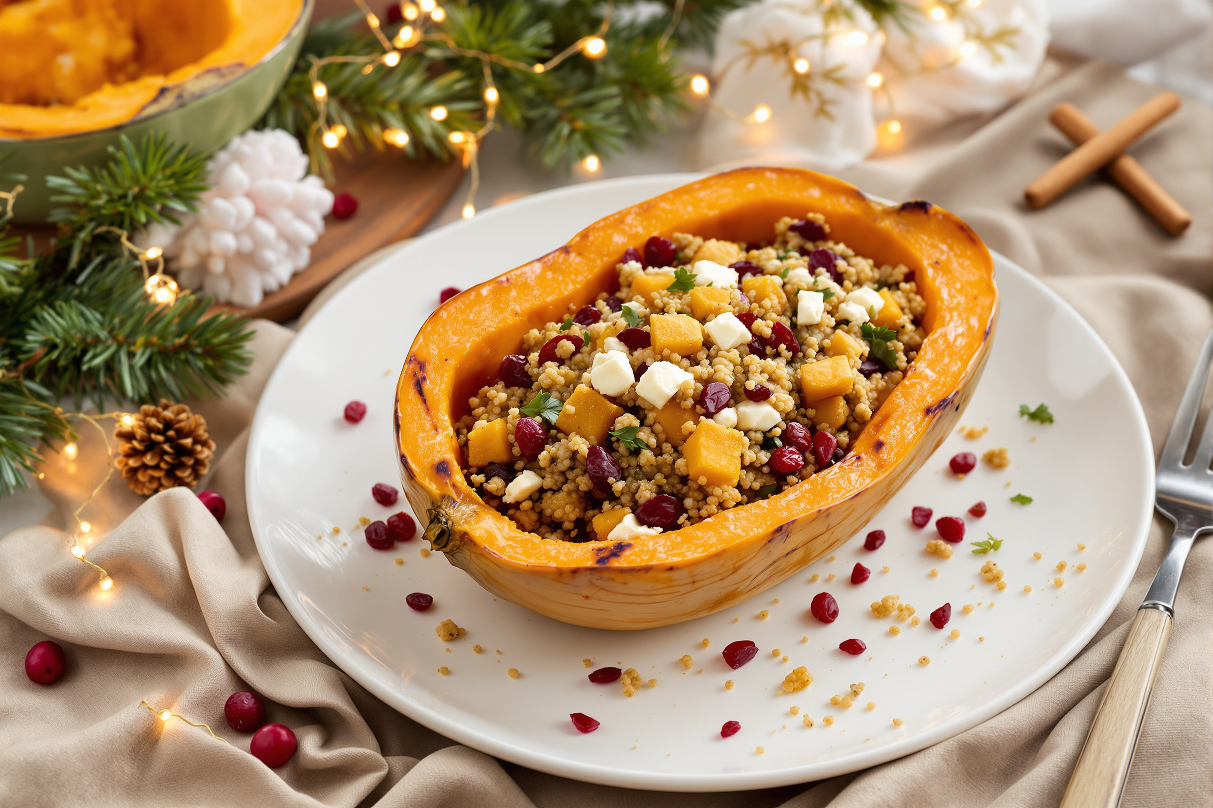 Courge butternut farcie au quinoa, cranberries et feta