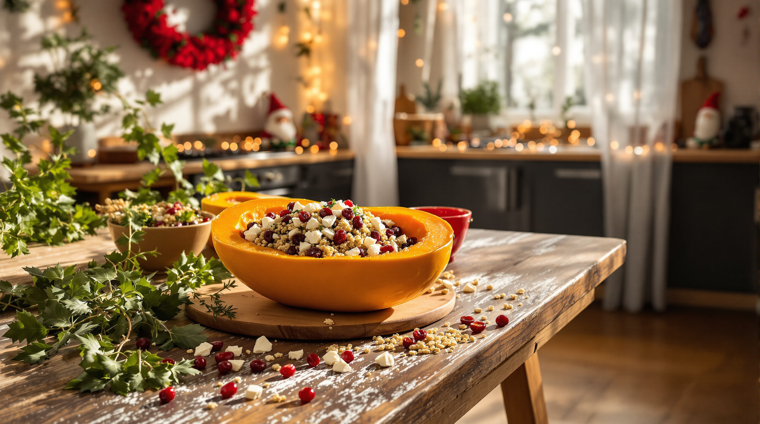 découvrez une délicieuse recette de courge butternut farcie au quinoa, cranberries et feta, alliant saveurs sucrées et salées pour un plat sain et gourmand.