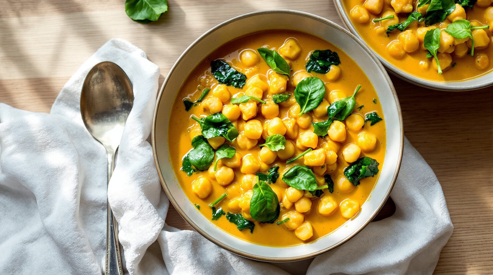 découvrez notre recette savoureuse de curry de pois chiches au lait de coco et épinards, un plat vegan riche en saveurs et en nutriments, parfait pour un repas sain et réconfortant.