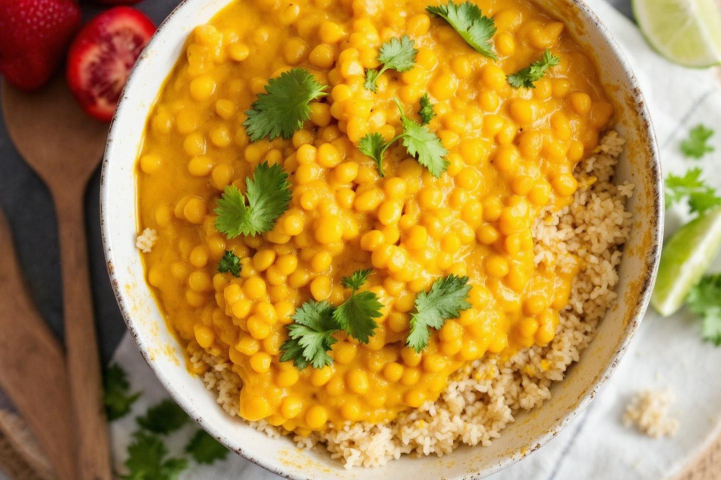 Curry doré de lentilles corail au lait de coco et curcuma frais