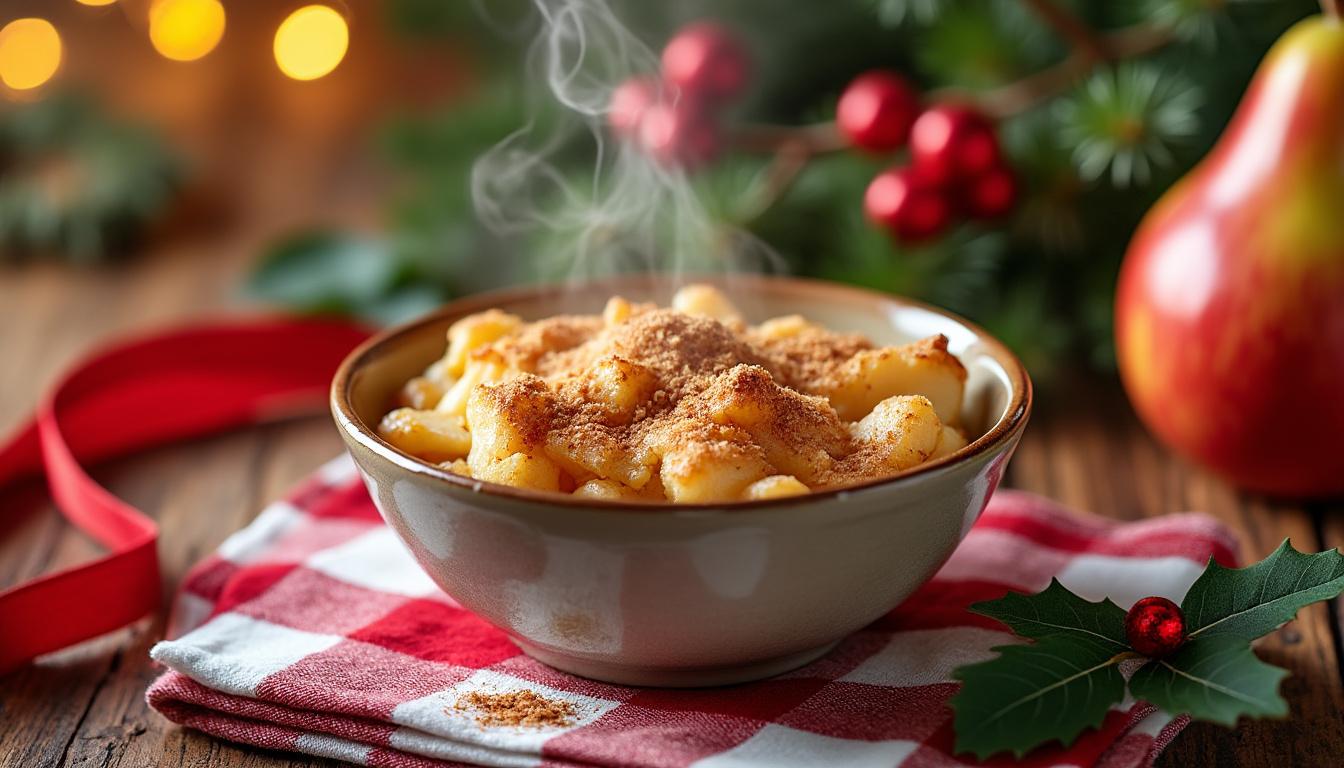 découvrez notre dessert de noël facile : un crumble pommes-poires aux épices, parfait pour réchauffer vos soirées festives avec des saveurs gourmandes et simples à préparer.