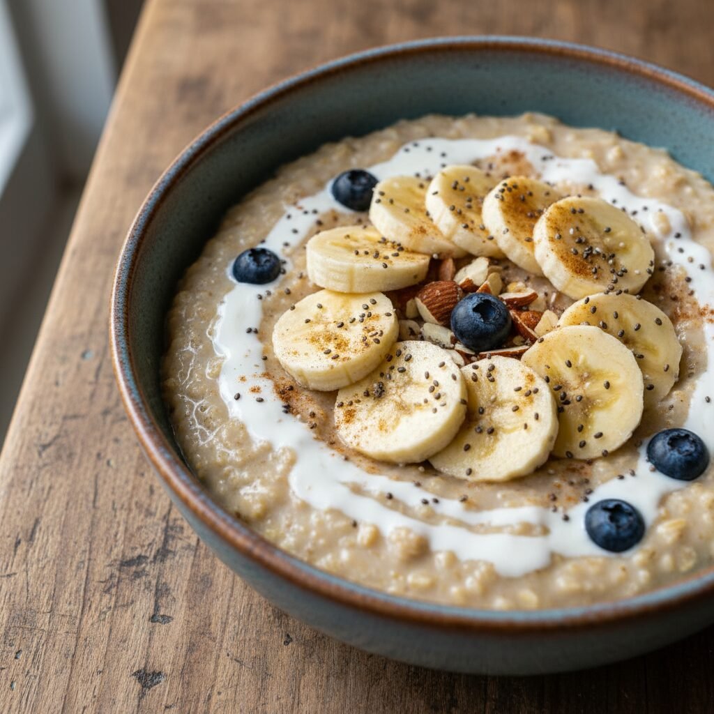 découvrez une recette douce et saine pour bien commencer la journée avec notre mélange savoureux de banane, flocons d’avoine et lait d’amande.