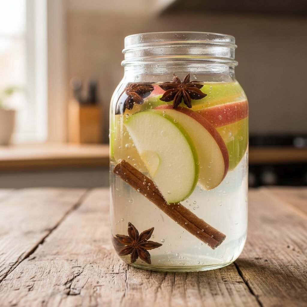 découvrez notre eau aromatisée maison à la pomme, cannelle et anis étoilé, une boisson rafraîchissante et naturellement parfumée pour un moment de plaisir sain.