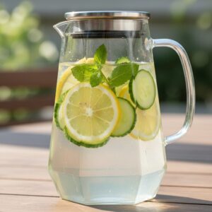 découvrez notre eau infusée rafraîchissante au citron, concombre et menthe fraîche, parfaite pour s'hydrater sainement et naturellement tout au long de la journée.