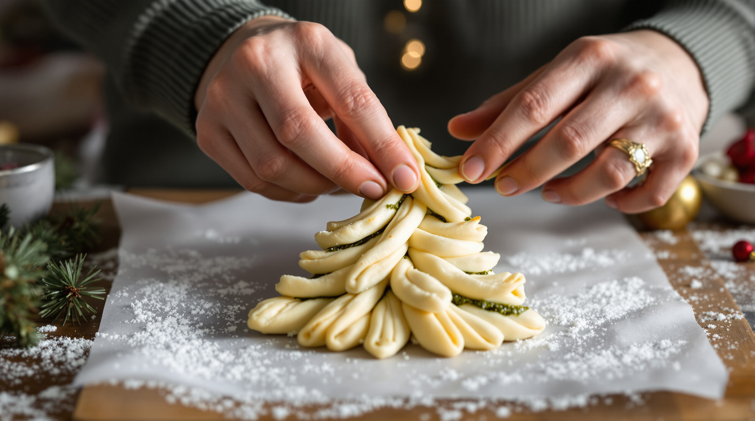 découvrez notre recette festive de feuilleté de noël en forme de sapin, garni de pesto parfumé et de mozzarella fondante, idéale pour régaler vos invités pendant les fêtes.