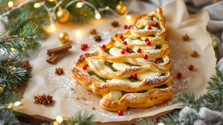 découvrez notre feuilleté de noël en forme de sapin, garni de pesto et mozzarella fondante, une recette festive et facile à préparer pour épater vos invités.