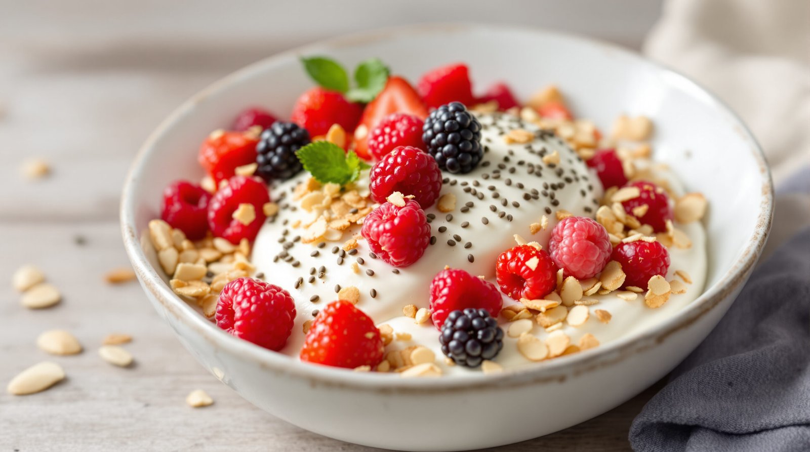 découvrez notre recette saine et gourmande de fromage blanc aux graines de chia, fruits rouges frais et éclats d’amande croquants, parfaite pour un petit-déjeuner ou une collation équilibrée.