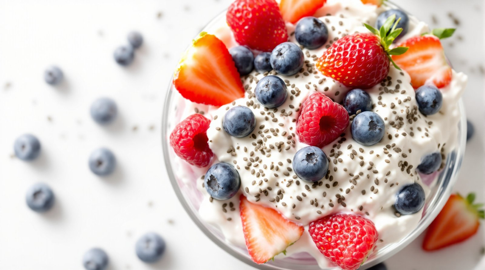 découvrez notre recette gourmande de fromage blanc aux graines de chia, fruits rouges frais et éclats d’amande croquants, pour un dessert sain et savoureux.
