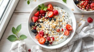 découvrez notre recette gourmande de fromage blanc aux graines de chia, fruits rouges frais et éclats d’amande croquants, un dessert sain et savoureux.