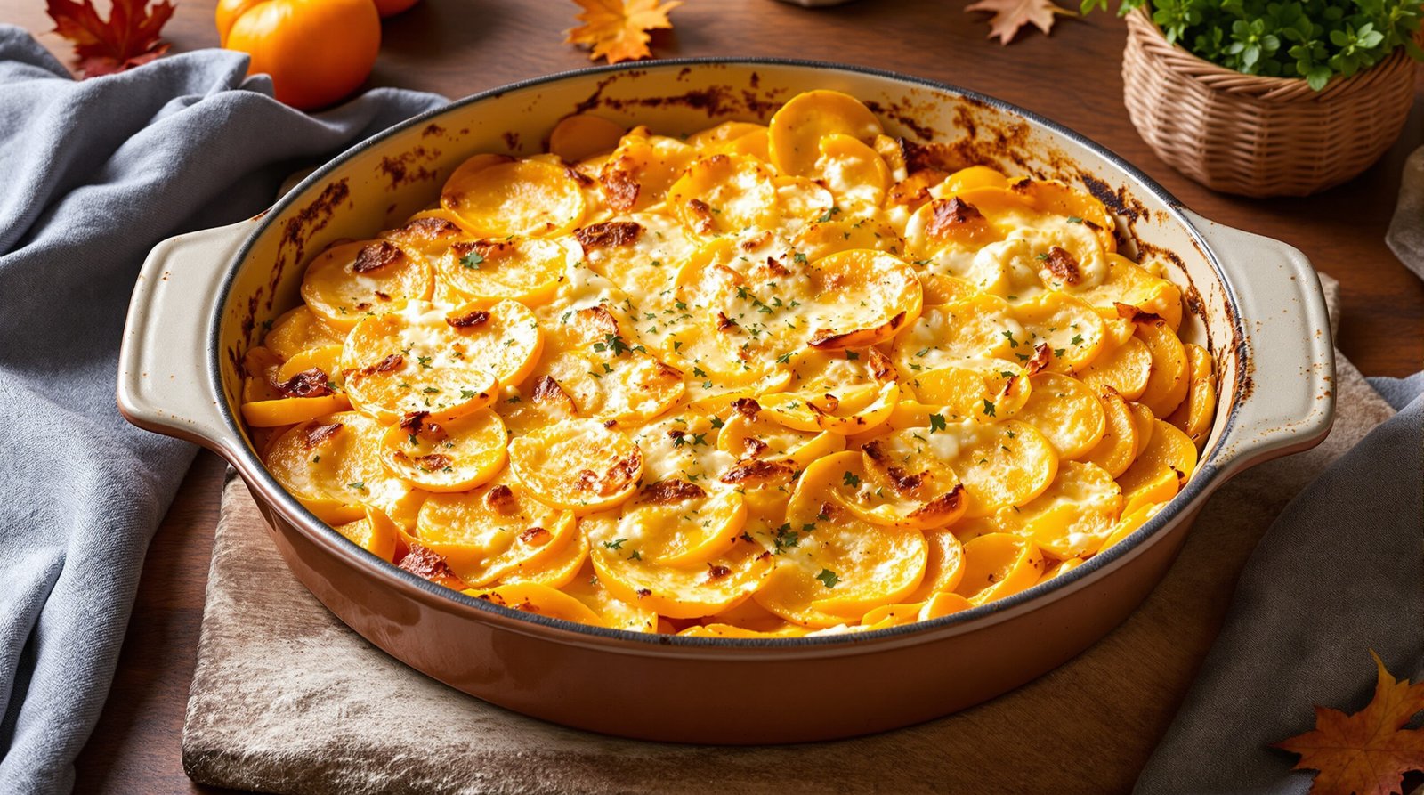 découvrez notre recette facile et gourmande de gratin de courge butternut au chèvre frais, un plat réconfortant parfait pour l'automne.