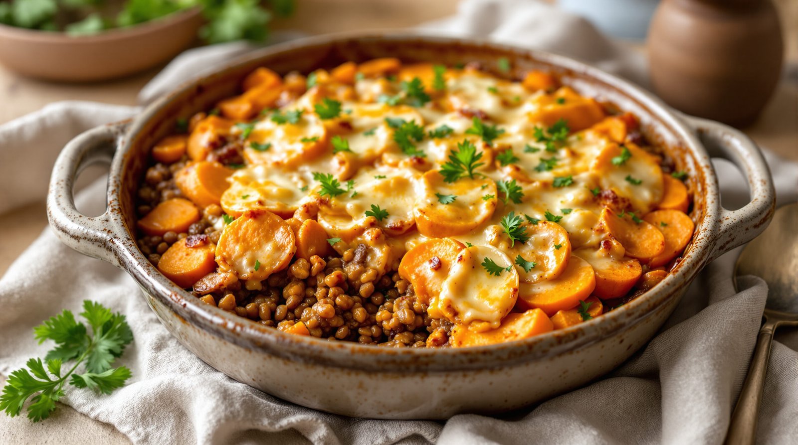 découvrez notre recette savoureuse de gratin de patates douces et lentilles corail, un plat réconfortant, nutritif et facile à préparer qui ravira toute la famille.