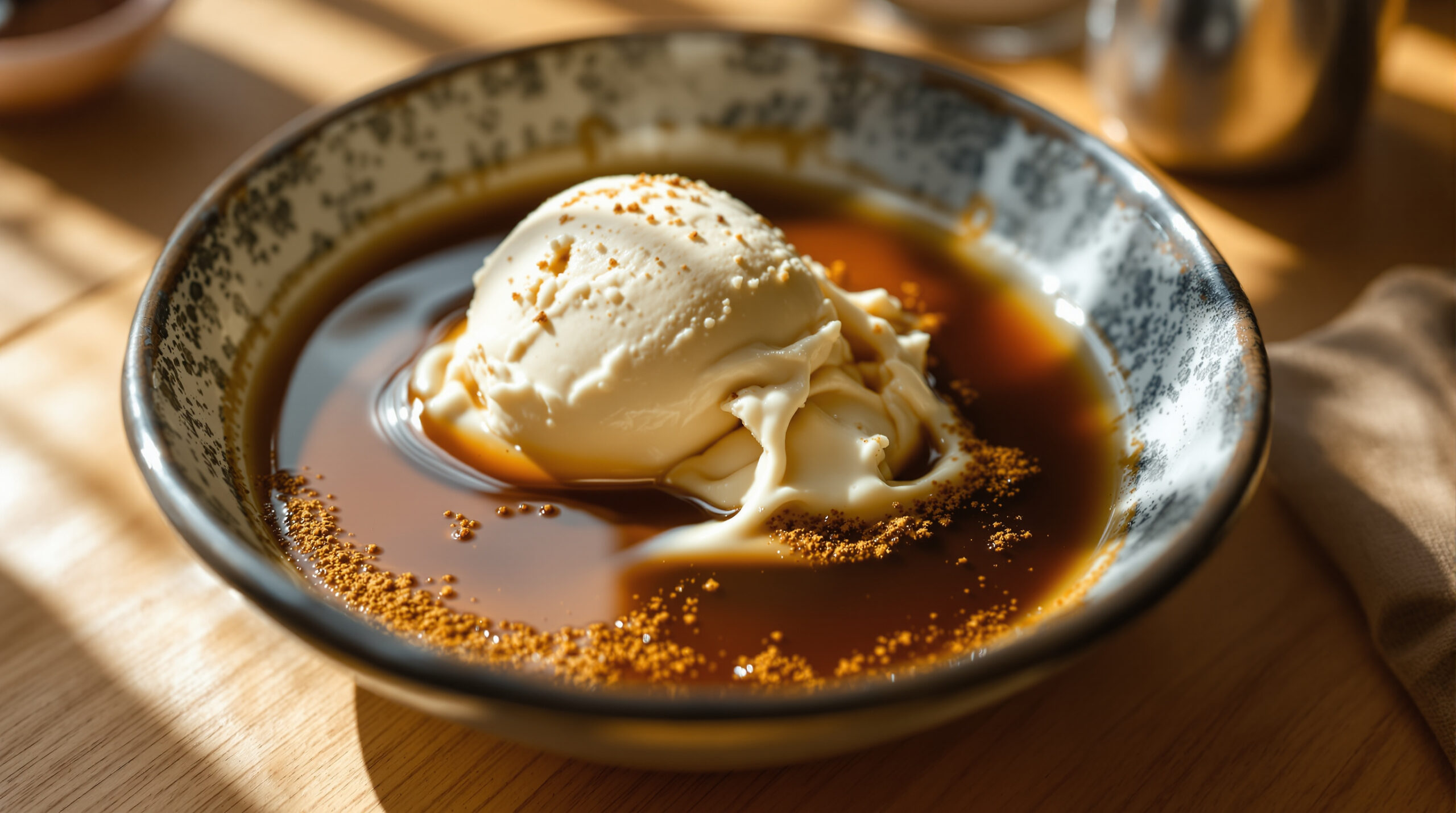 découvrez notre hojicha affogato, une délicieuse glace à la vanille accompagnée d'un shot intense de hojicha concentré pour une expérience gourmande et raffinée.