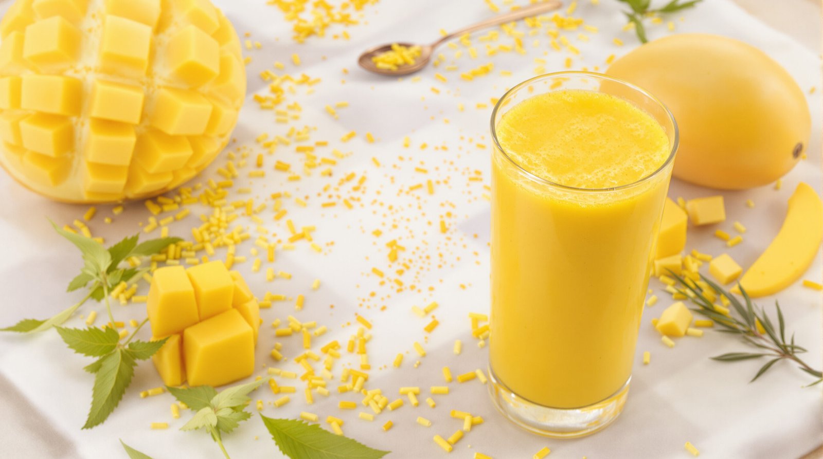 Jus de fruits frais mangue, curcuma et lait de coco