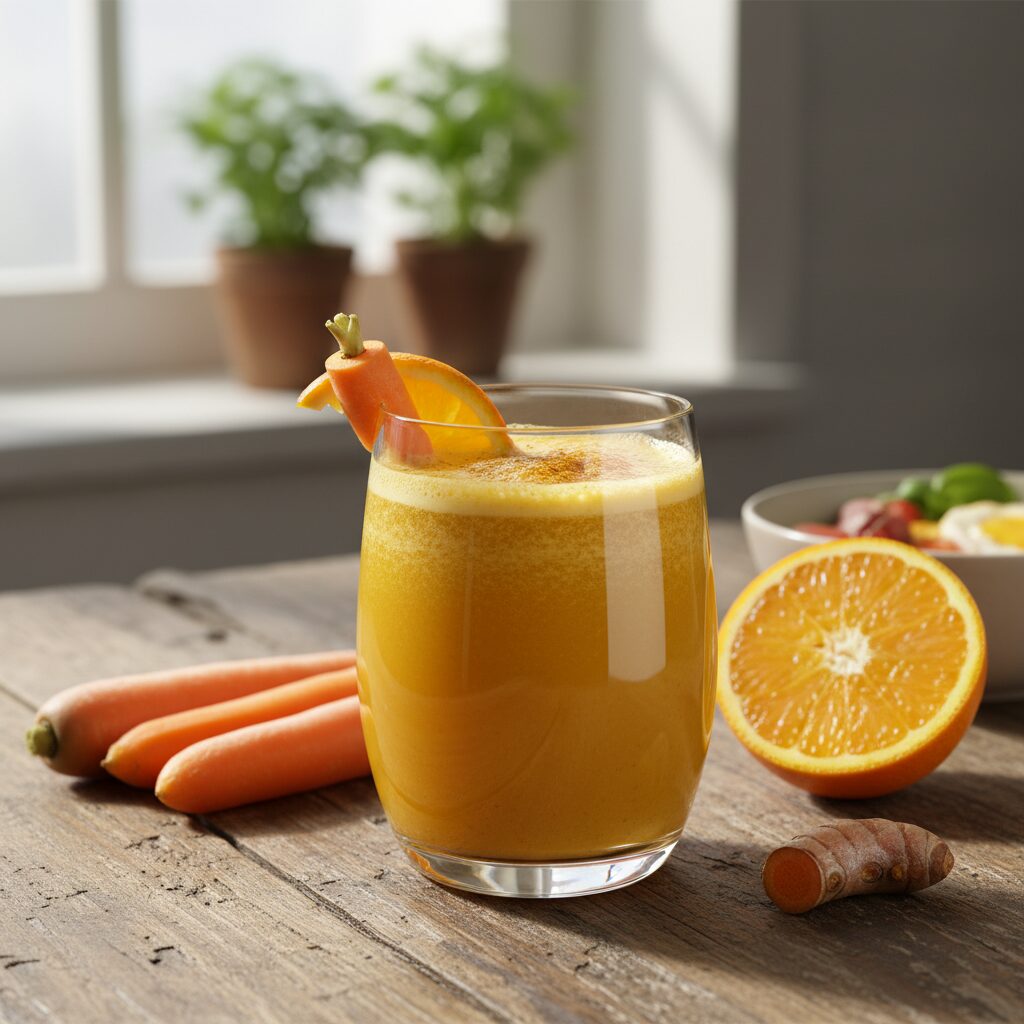 découvrez notre jus du matin bonne mine à base de carotte, orange et curcuma, une recette vitaminée et naturelle pour bien démarrer la journée.