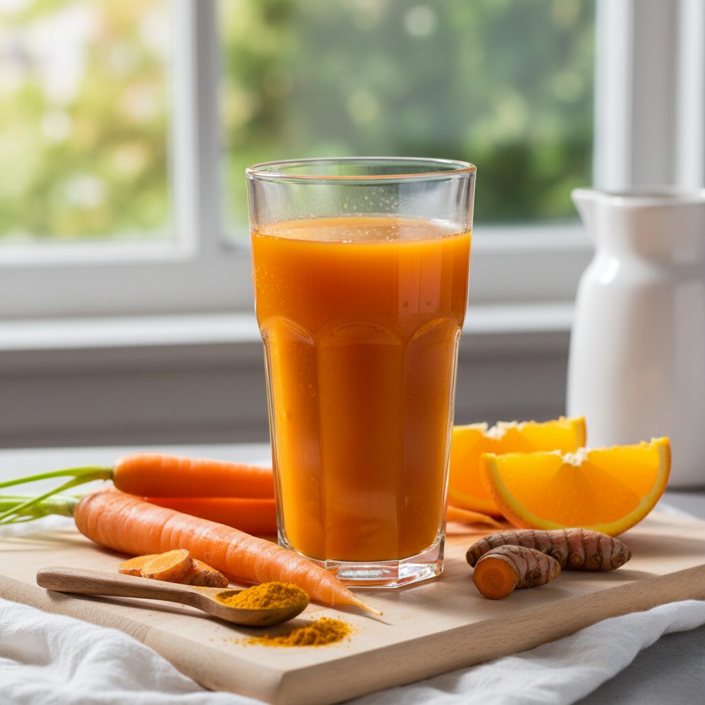 découvrez notre jus du matin bonne mine à base de carotte, orange et curcuma, une boisson saine et revitalisante pour bien démarrer la journée.