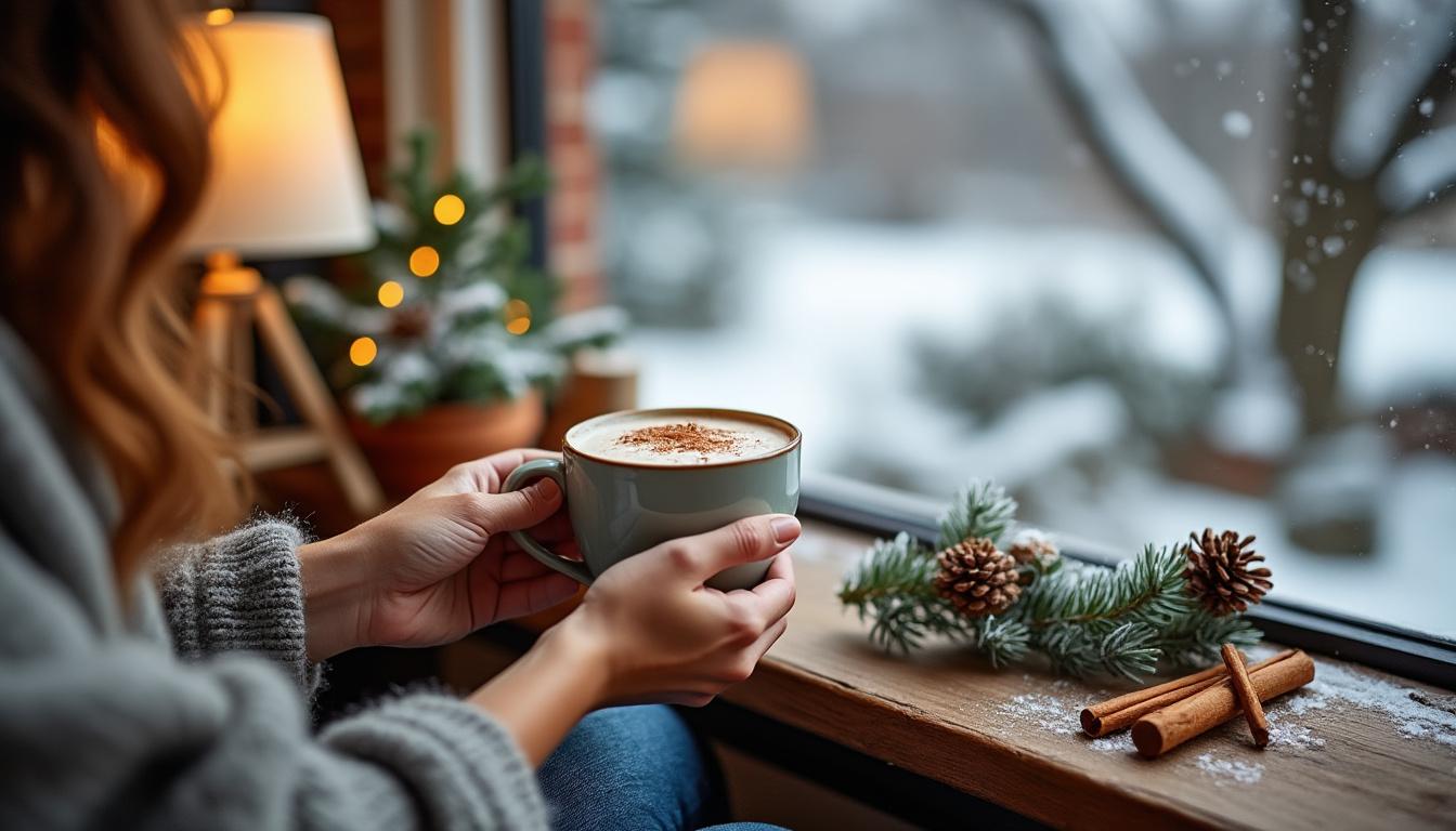 savourez un délicieux latte de noël à la cannelle, une boisson chaude et réconfortante parfaite pour les fêtes.