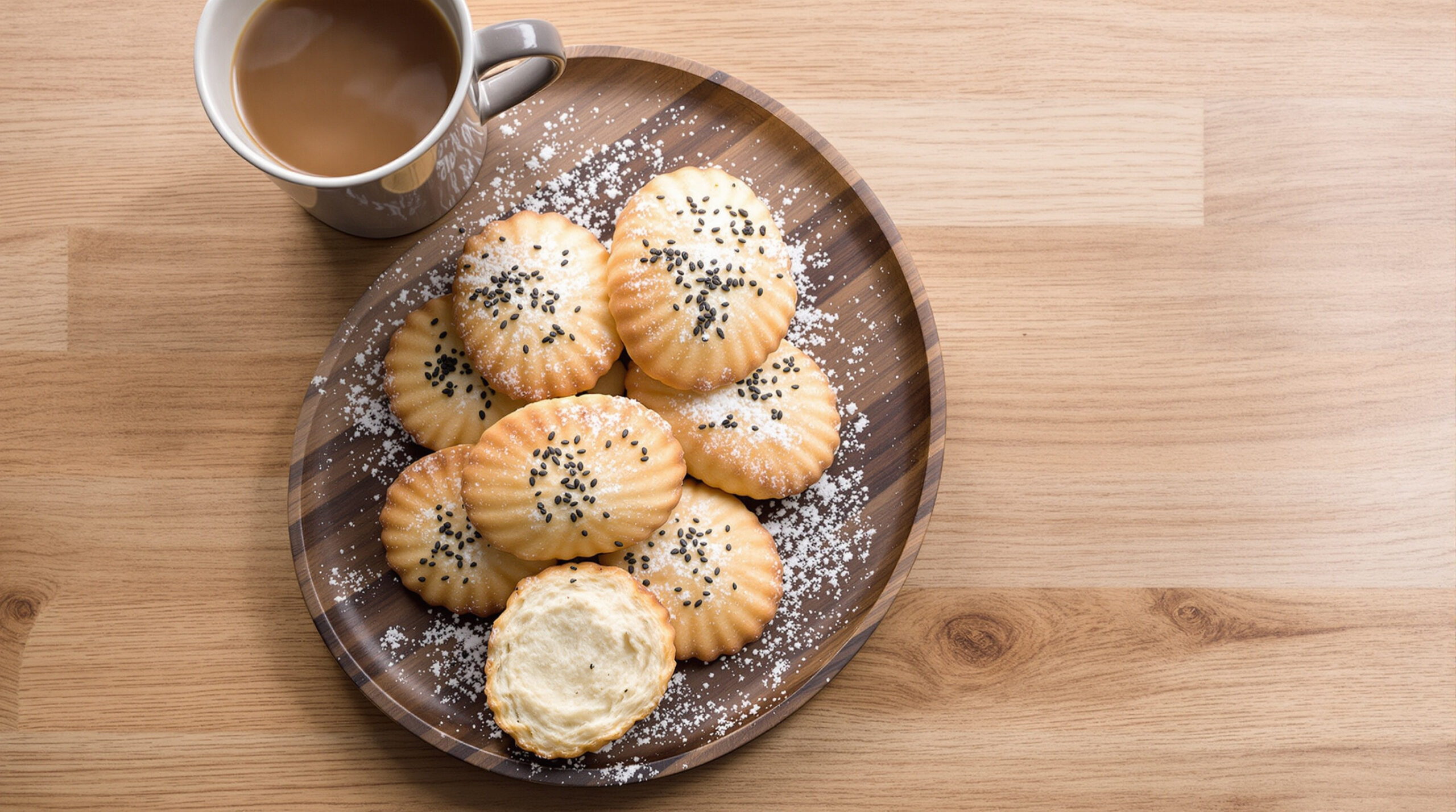 découvrez nos madeleines délicates au goût unique de hojicha et de sésame noir, une alliance parfaite pour une gourmandise raffinée et originale.