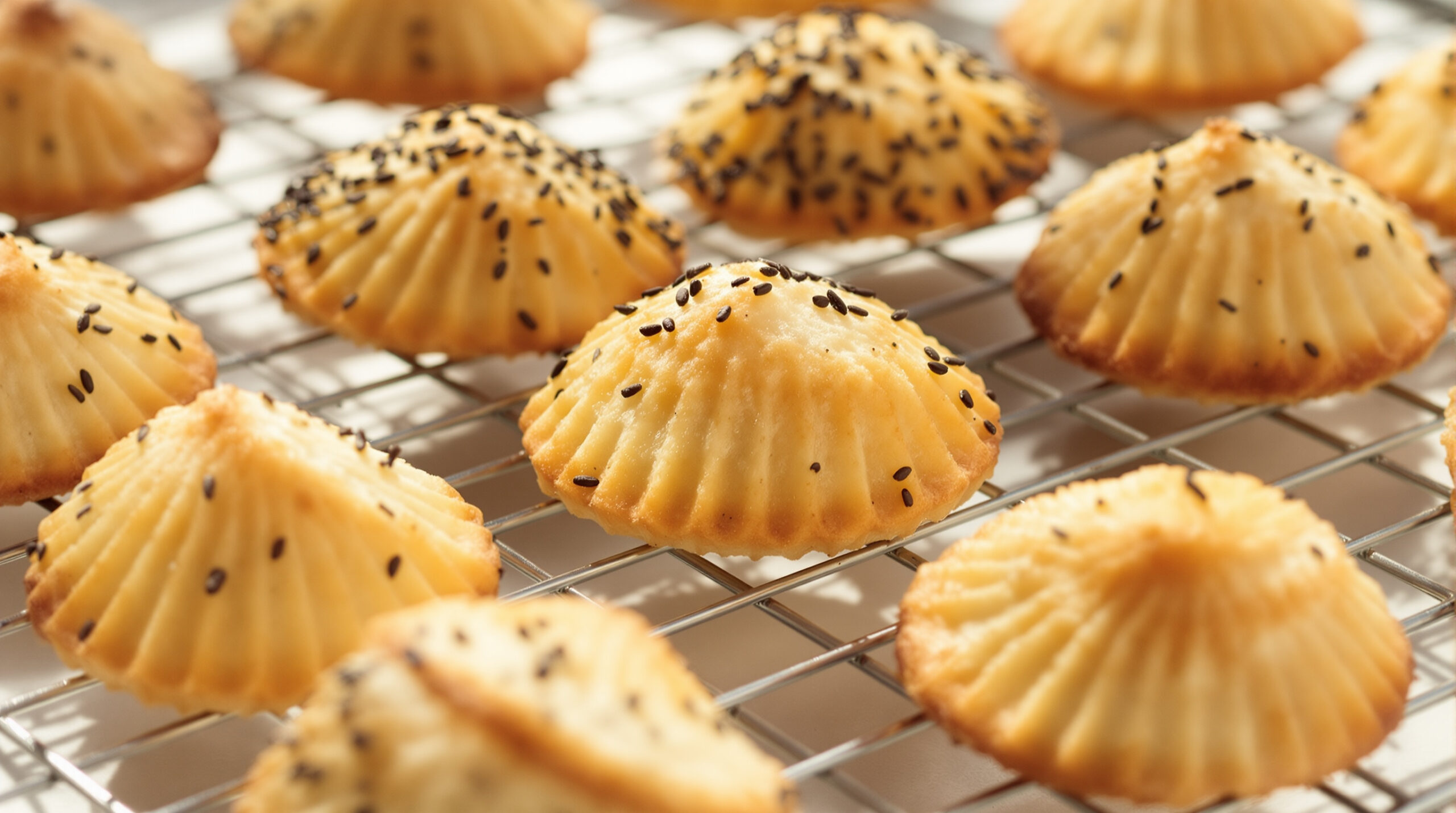 découvrez nos délicieuses madeleines au goût unique de hojicha et sésame noir, alliant tradition japonaise et gourmandise française pour un plaisir raffiné.