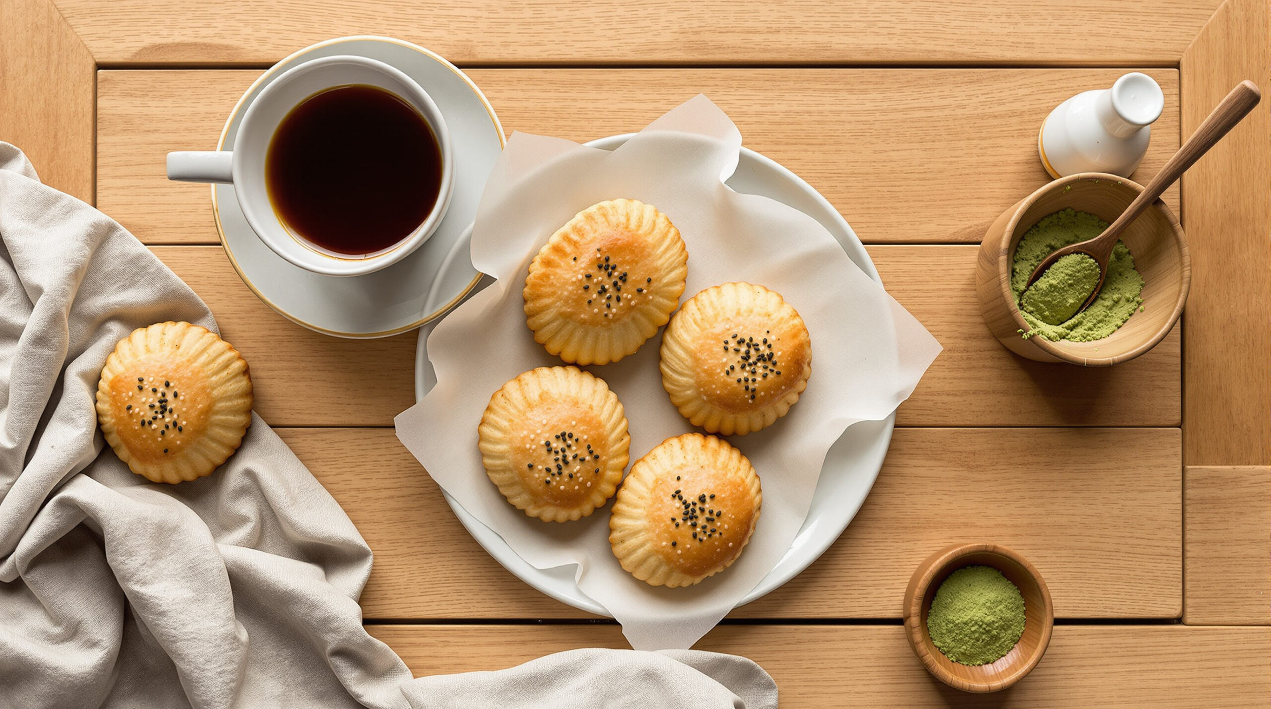 découvrez nos délicieuses madeleines au hojicha et au sésame noir, une alliance parfaite entre saveurs douces et notes torréfiées pour un moment gourmand unique.