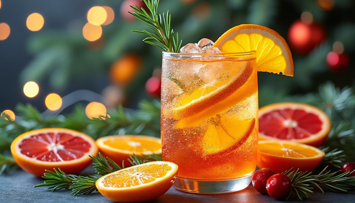 Mocktail pétillant de Noël aux agrumes et romarin