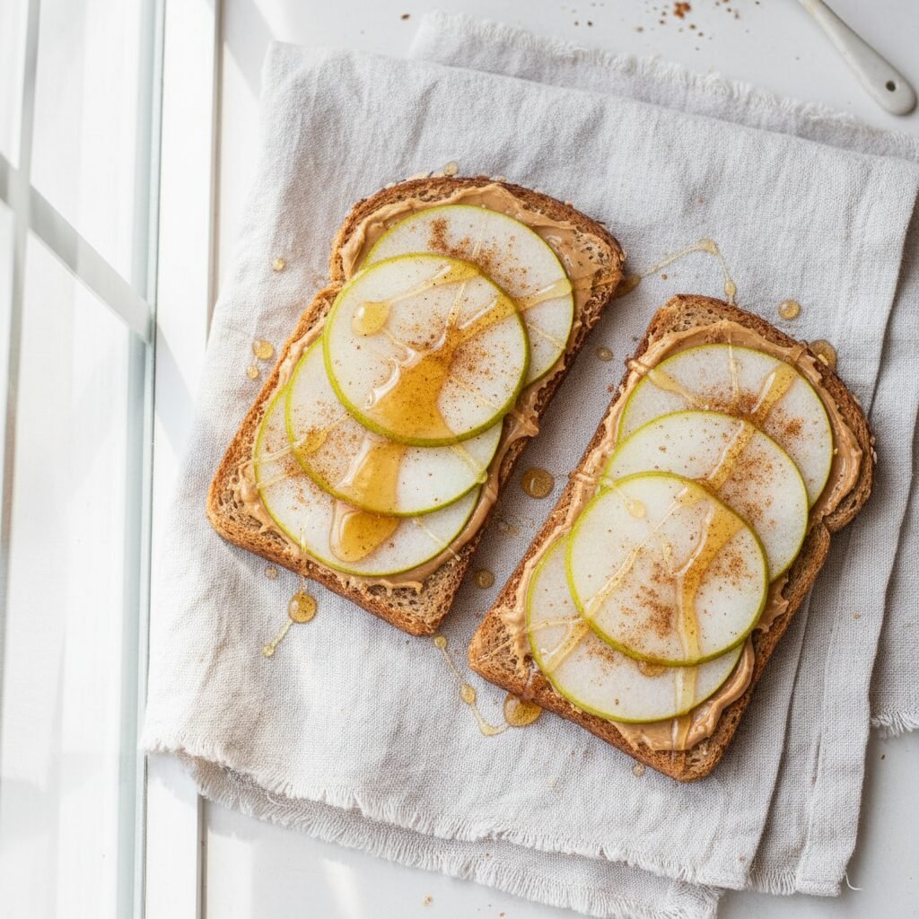 savourez un pain complet toasté croustillant garni de purée d’amandes onctueuse et de rondelles de poire fraîches pour un encas sain et gourmand.