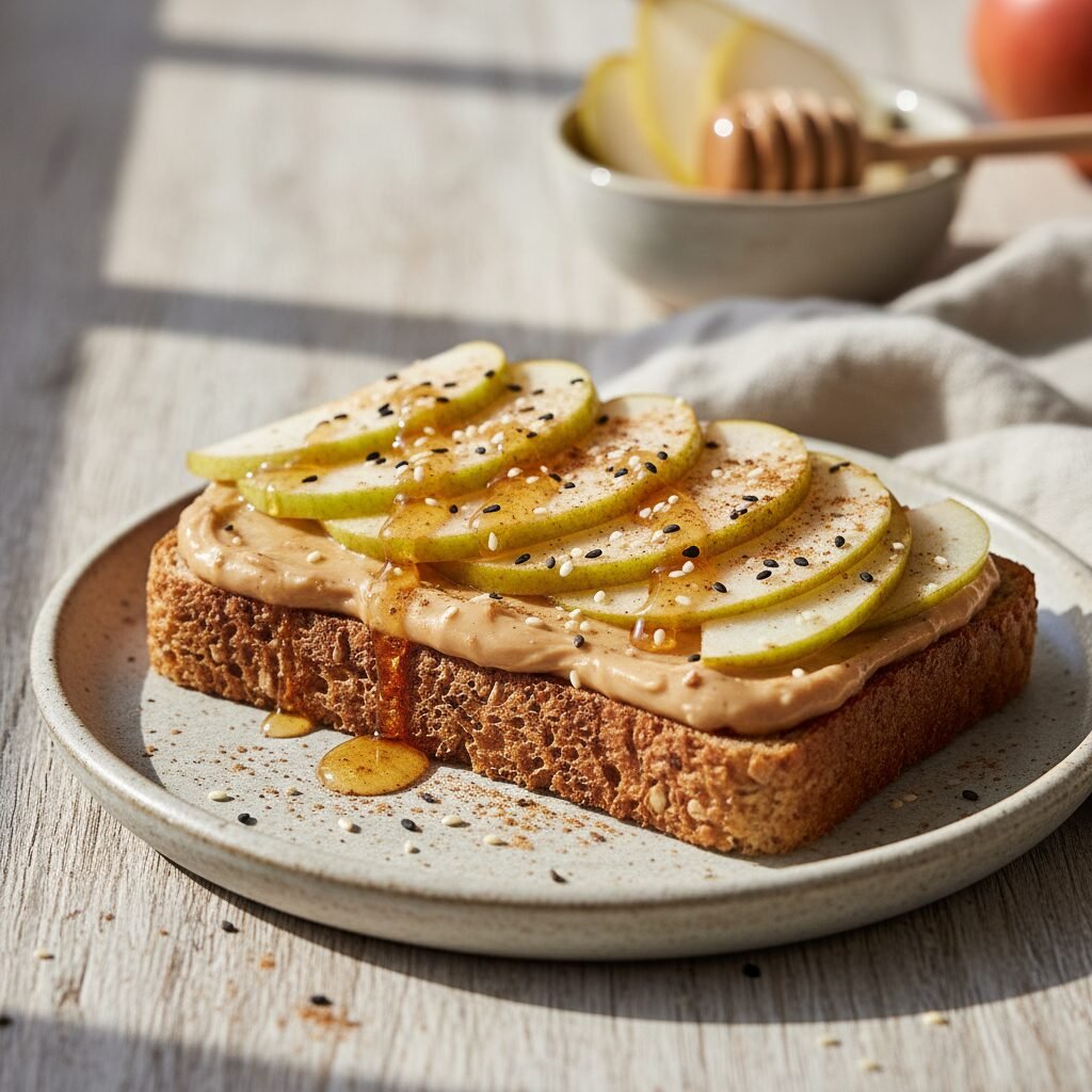 découvrez notre délicieux pain complet toasté garni de purée d’amandes onctueuse et de rondelles de poire sucrée, une harmonie parfaite pour un petit-déjeuner sain et gourmand.