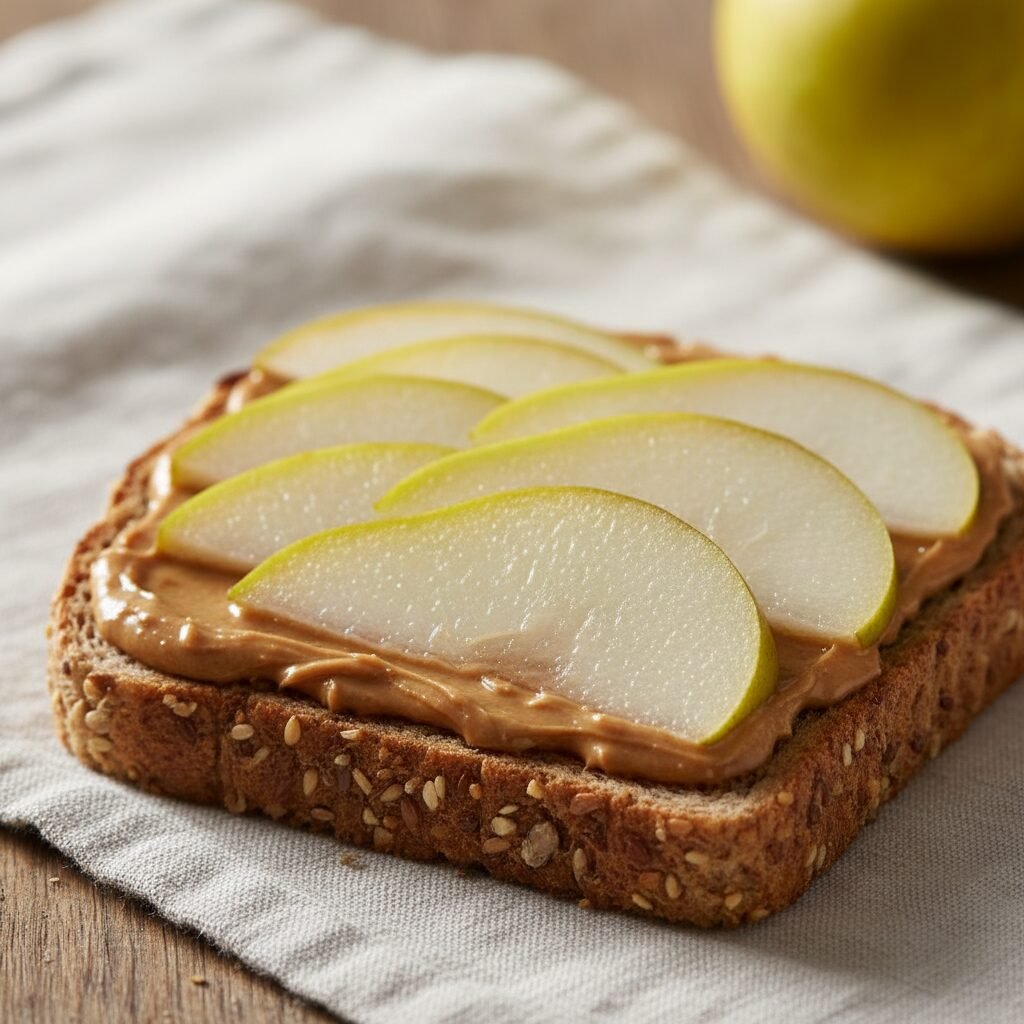 découvrez notre délicieux pain complet toasté garni de purée d’amandes onctueuse et de rondelles de poire fraîche, pour un petit-déjeuner sain et savoureux.