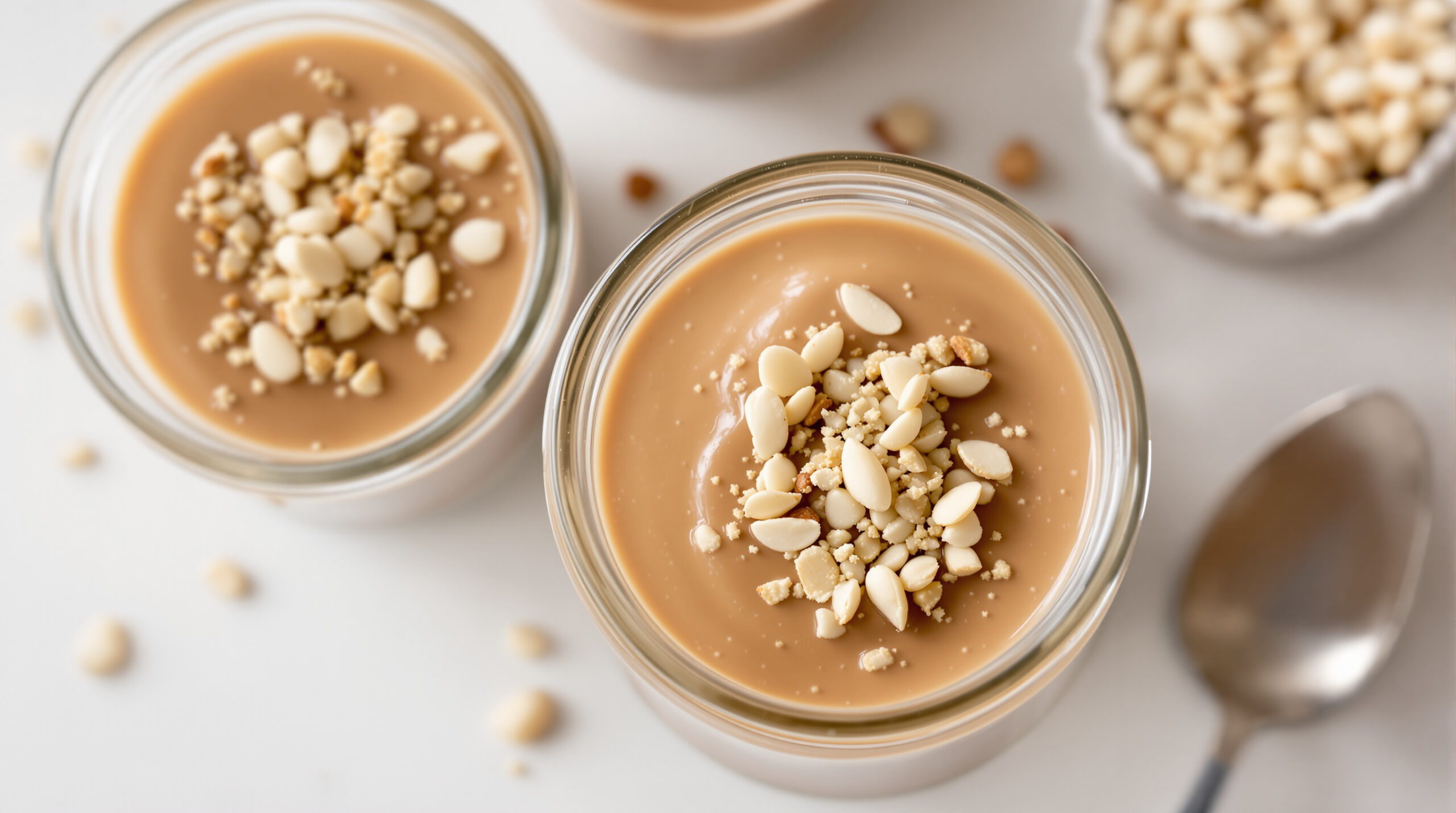 découvrez notre délicieuse panna cotta au thé hojicha, sublimée par un topping croustillant de crumble aux amandes pour un dessert gourmand et raffiné.