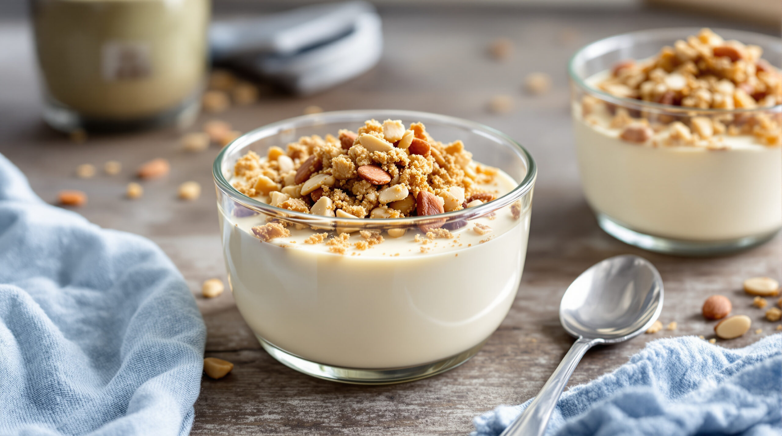 découvrez notre délicieuse panna cotta au thé hojicha, agrémentée d'un croustillant topping crumble aux amandes pour une expérience gourmande et originale.