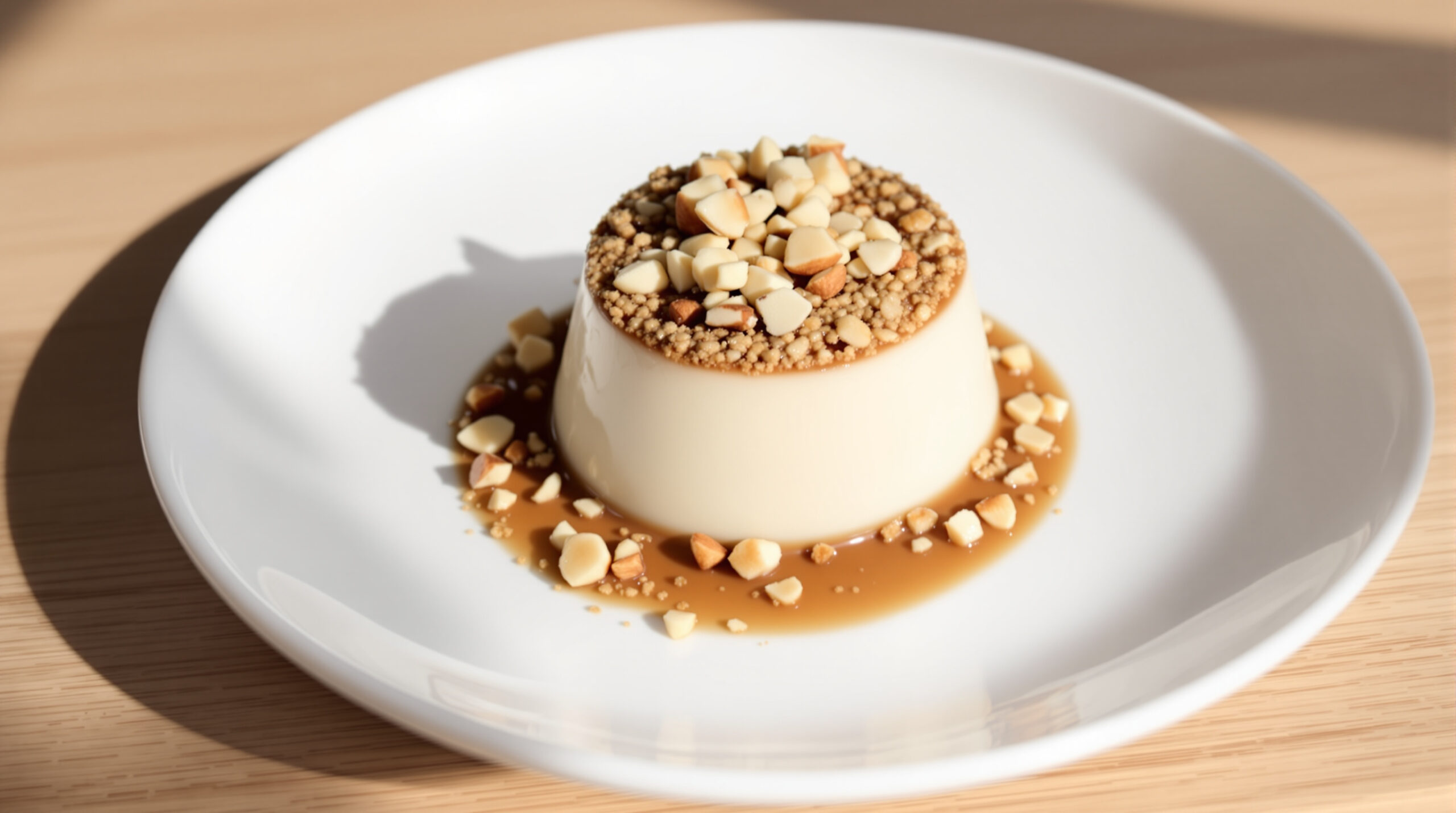 découvrez la délicieuse panna cotta au hojicha, subtilement parfumée, accompagnée d'un croustillant topping crumble aux amandes pour une gourmandise alliant douceur et croquant.