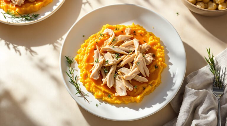 découvrez notre recette de parmentier de potimarron au poulet effiloché, un plat savoureux et réconfortant alliant douceur de la courge et tendreté du poulet.