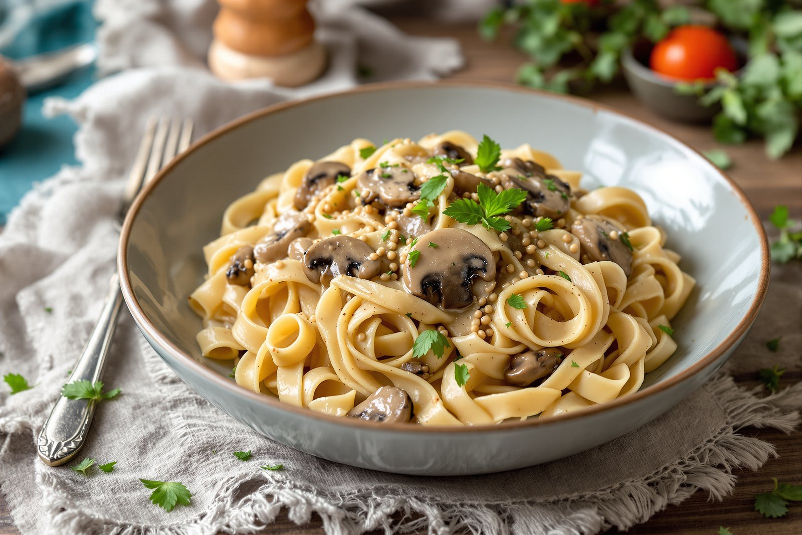 Pâtes complètes à la sauce crémeuse de champignons