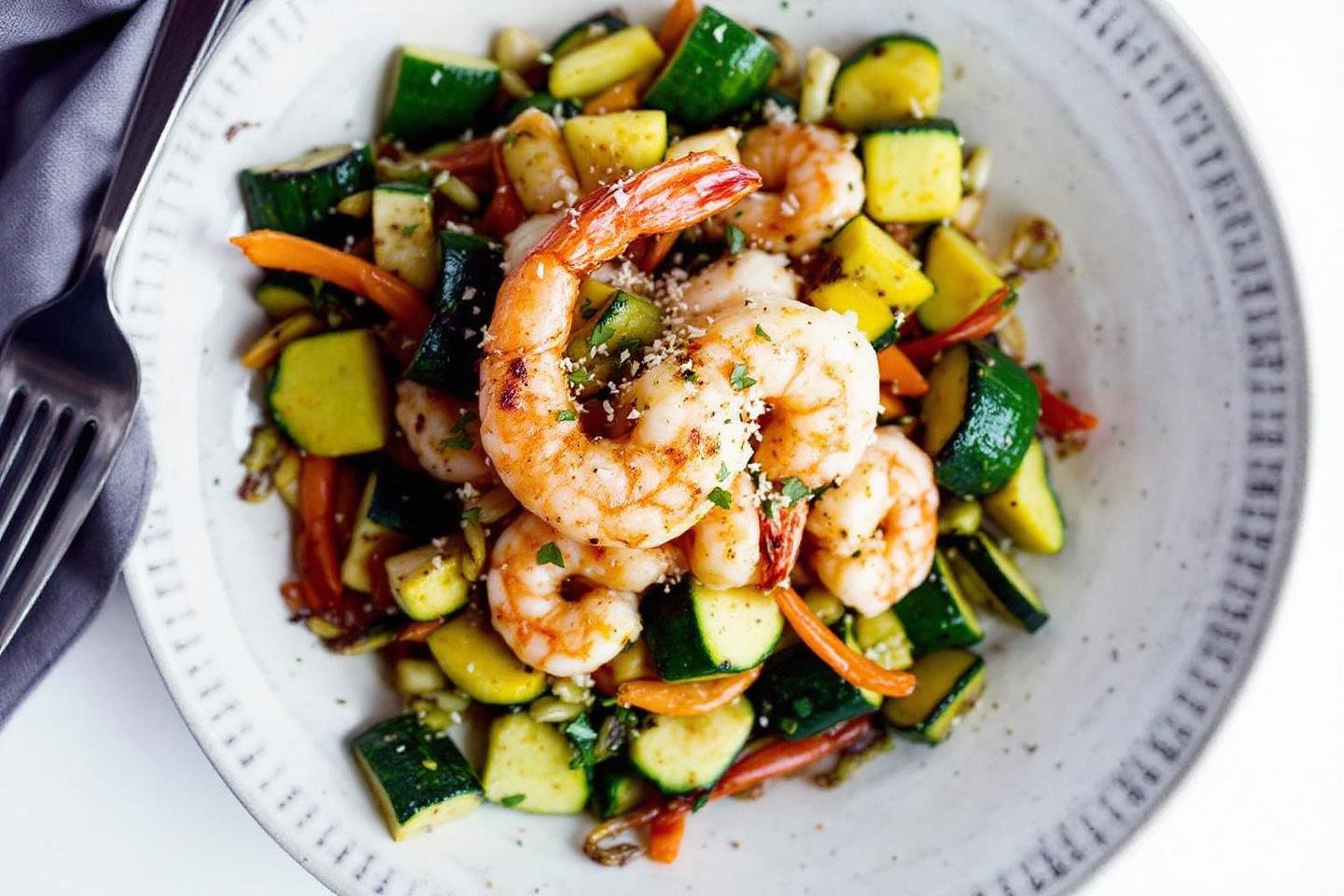 Poêlée apaisante de crevettes, courgettes et curcuma doux