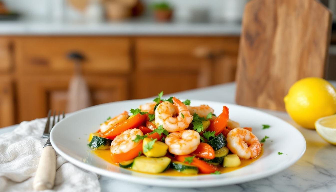 découvrez notre poêlée apaisante de crevettes, courgettes fraîches et curcuma doux, un plat savoureux et coloré qui allie bien-être et gourmandise.