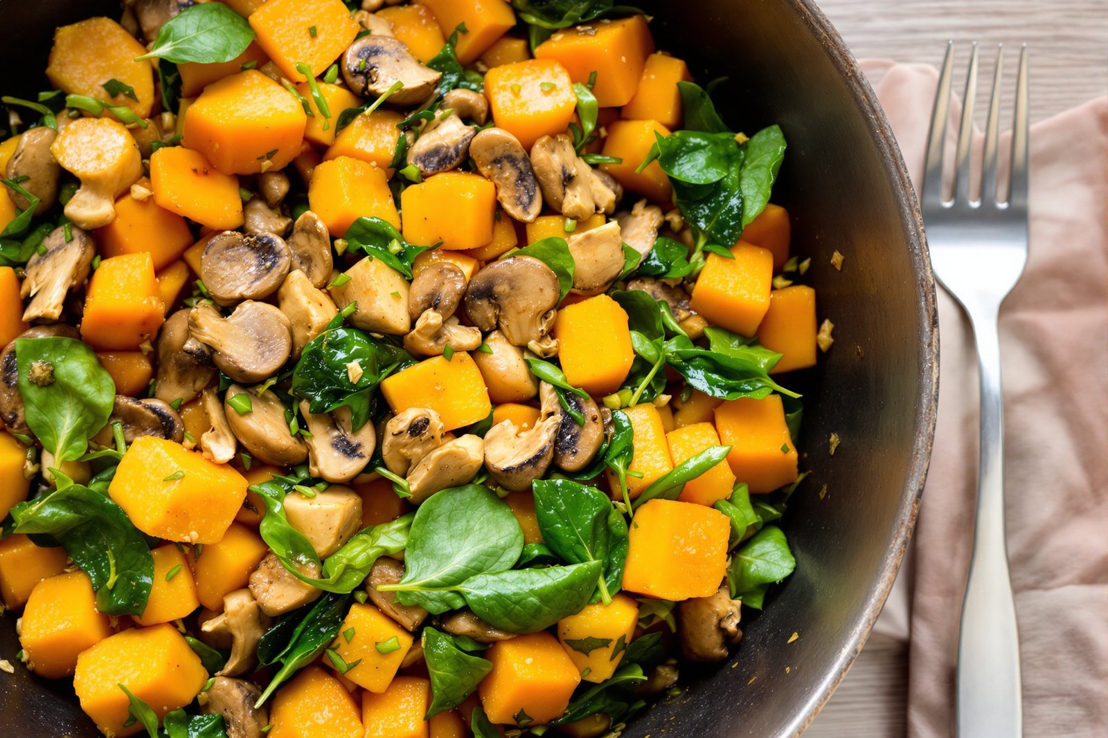 Poêlée butternut, champignons et épinards