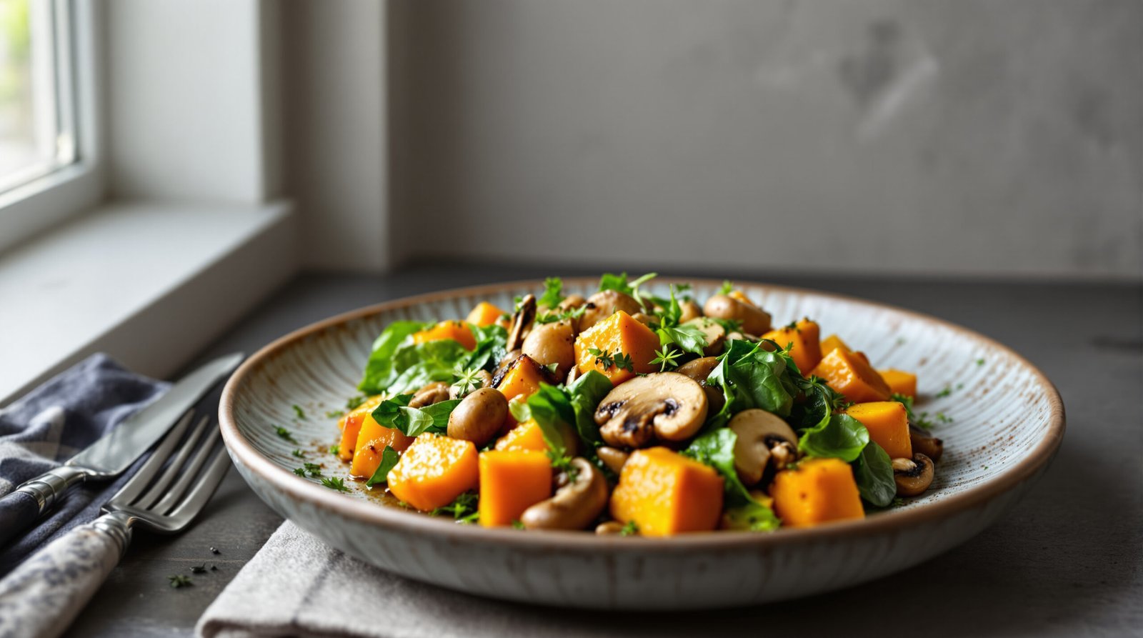 découvrez une recette savoureuse et saine de poêlée butternut, champignons et épinards, parfaite pour un repas équilibré et plein de saveurs d'automne.