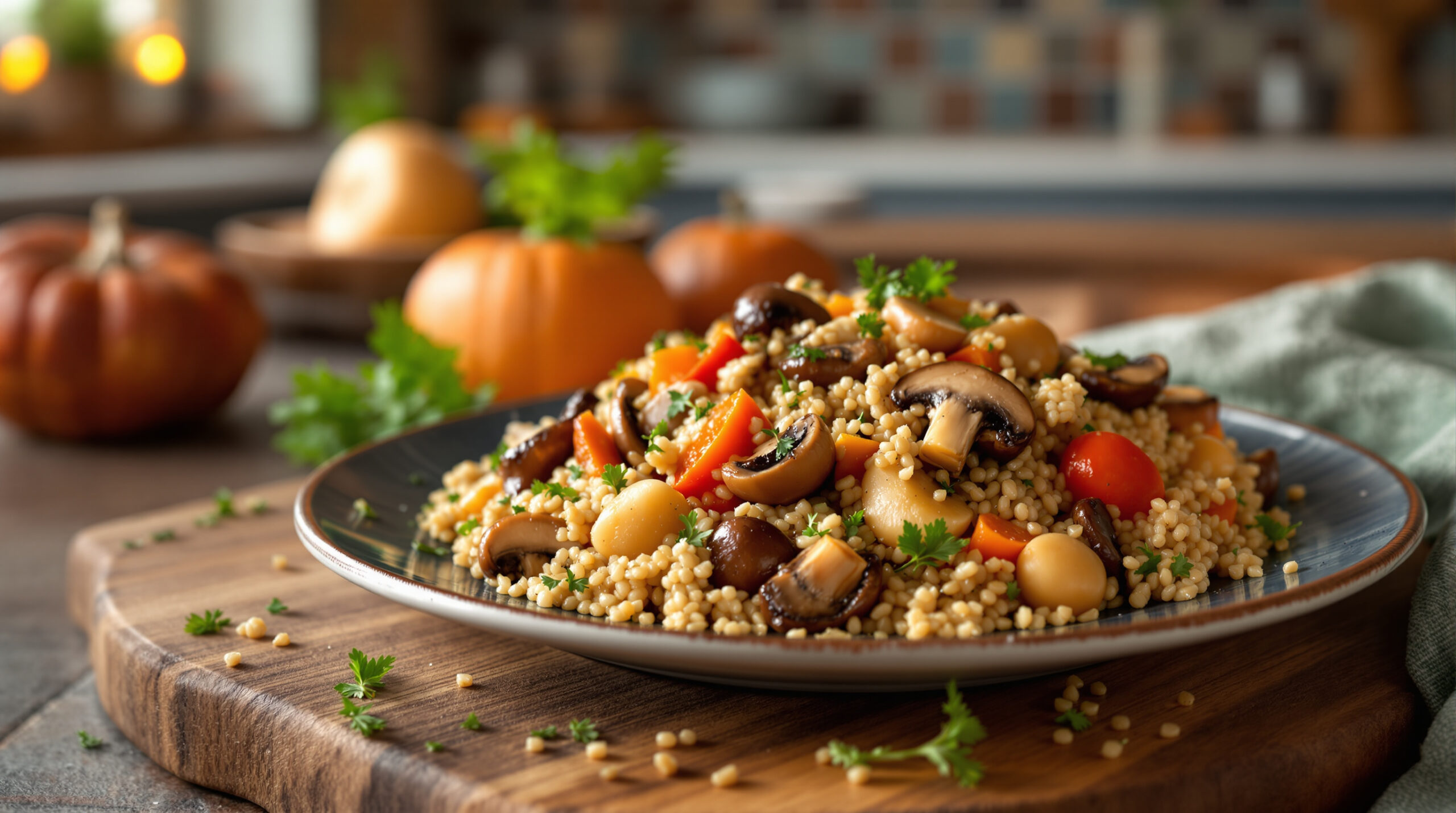 découvrez une délicieuse poêlée d'automne aux 3 champignons savoureux et boulghour tendre, parfaite pour un repas réconfortant et équilibré.
