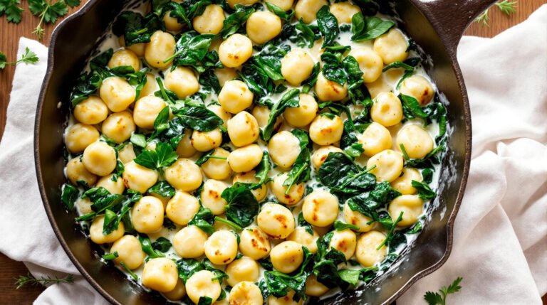 découvrez une délicieuse poêlée de gnocchis aux épinards, relevée d'une crème légère pour un plat savoureux et facile à préparer.
