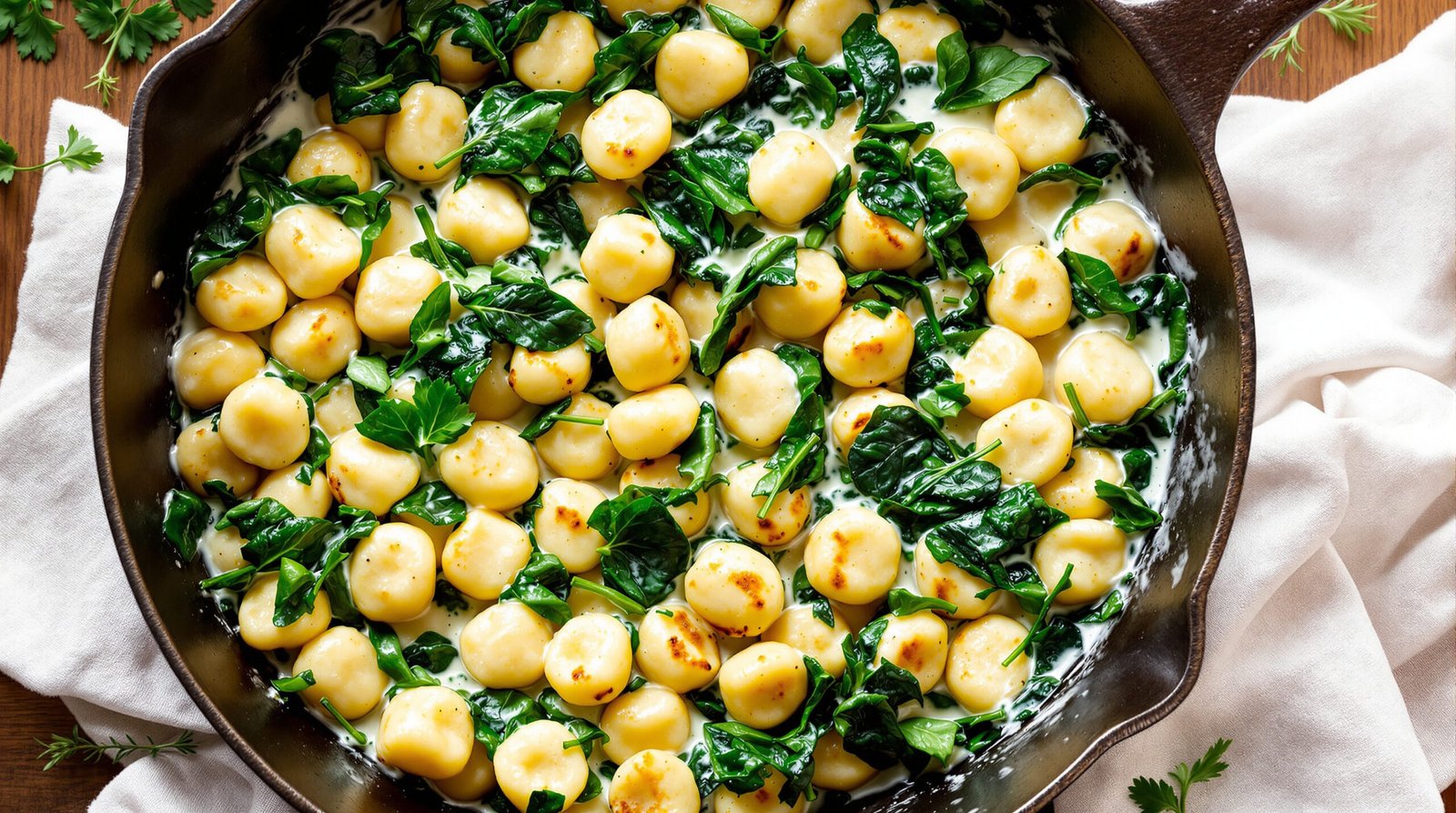 découvrez une délicieuse poêlée de gnocchis aux épinards, relevée d'une crème légère pour un plat savoureux et facile à préparer.